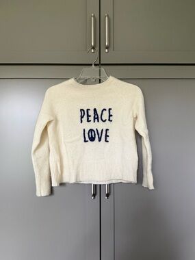 Golden Sun 100% Cashmere Cream 'PEACE LOVE' Knit Sweater with Navy Lettering